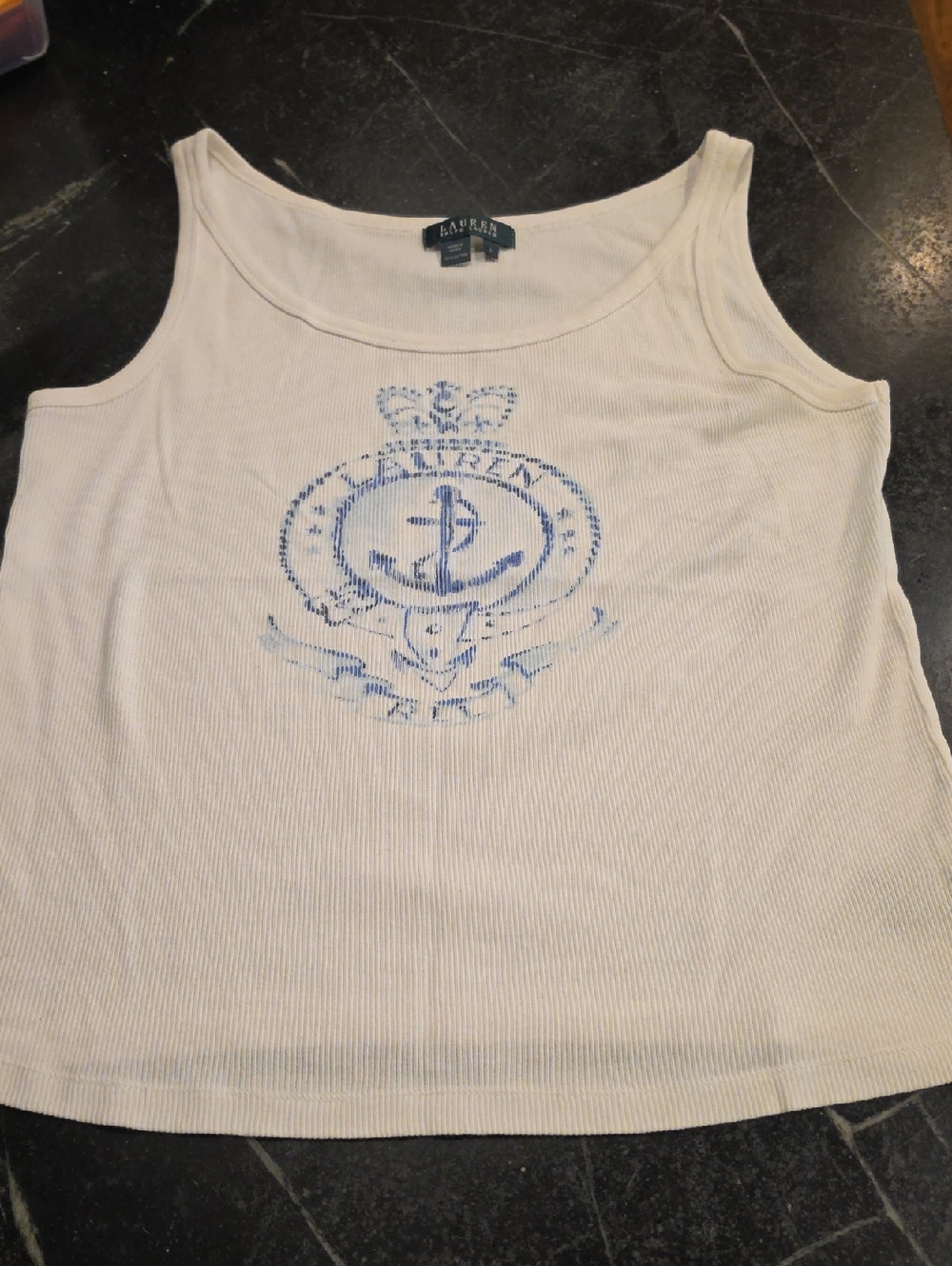 Ralph Lauren Ribbed White And Blue Anchor Tank Top Size Large 100% Cotton EUC